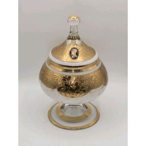 Empoli Italian Gilt Glass Covered Apothecary Candy Jar Gold Cameo Medallions